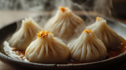 Obraz premium Delicious steaming dumplings served on a rustic plate in a cozy restaurant during a chilly evening