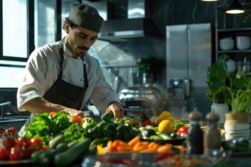Fototapeta premium Chef cook preparing vegetables in his kitchen.
