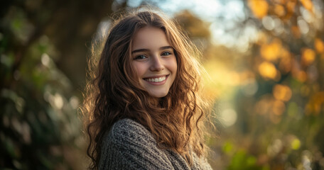 Naklejka premium Joyful Young Woman with Curly Hair Smiling in a Lush Outdoor Setting