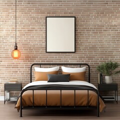 Cozy bedroom interior with a modern bed and warm lighting against a brick wall, featuring a blank picture frame for customizable art.