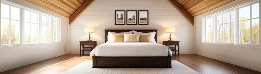 Cozy and bright bedroom featuring a stylish wooden bed, large windows, and minimalist decor in a rustic attic setting.