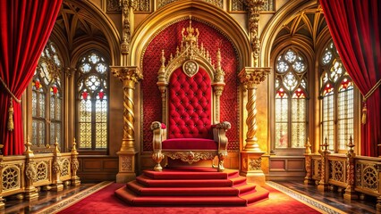 Obraz premium Majestic golden throne sits atop a dais, surrounded by opulent red velvet drapes, in a grand, ornate chamber with intricate stone carvings and stained glass windows.