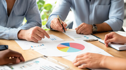 Group of professionals discusses data and charts during a collaborative meeting, with hands pointing at documents containing graphs, pie charts, and reports on a table