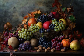 Vibrant autumn still life featuring an abundant selection of fruits, grapes, and nuts