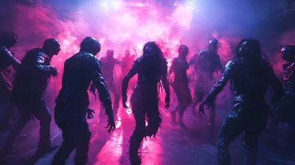Fototapeta premium dance party where attendees are dressed as zombies and other spooky characters