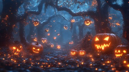 The forest is filled with glowing, carved pumpkins, eerie fog, and whimsical fairy lights