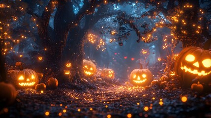 Fototapeta premium The forest is filled with glowing, carved pumpkins, eerie fog, and whimsical fairy lights