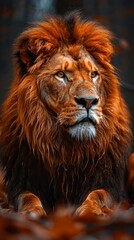Fototapeta premium Majestic lion resting in the wild with striking orange mane and thoughtful expression captured during golden hour