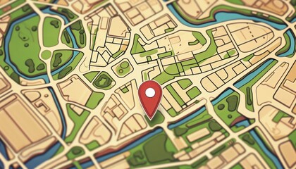 Obraz premium Map illustration with a prominent location pin highlighting a specific area in an urban landscape