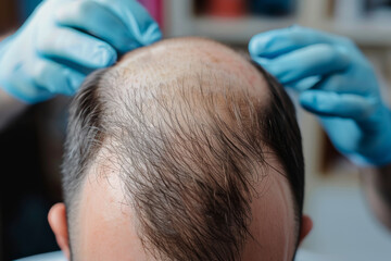 A close-up of a man undergoing a hair restoration procedure in a clinic, focusing on the balding area while a technician examines the scalp under bright lighting