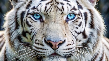 Naklejka premium Majestic white tiger's face with piercing blue eyes, whiskers, and a soft, fluffy coat, showcasing its powerful yet gentle features in a close-up portrait.
