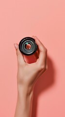 A close-up of a hand holding a camera lens with a pink background. The image emphasizes the precision of photography and modern design.