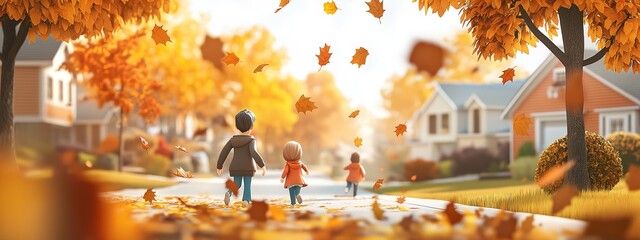 Fototapeta premium Cozy Autumn Neighborhood Walk with Children under Falling Leaves, Warm Family Atmosphere in a Suburban Setting