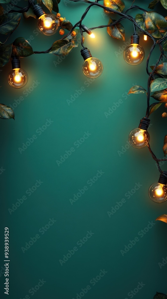 Wall mural Warm-toned holiday LED lights, 3D minimal design, on a green background