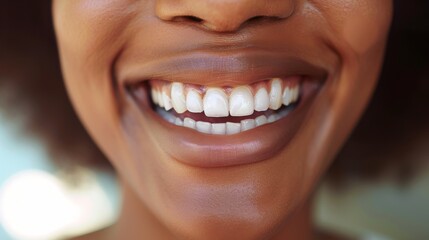 Obraz premium A woman with a radiant smile and healthy white teeth enjoys a sunny day outdoors, showcasing her happiness and confidence in a joyful moment of genuine expression