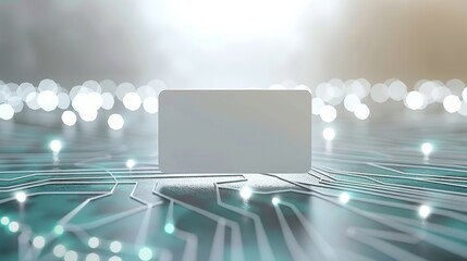 Abstract technological background featuring a blank card on a circuit board illuminated by soft lights in a futuristic setting, emphasizing digital innovation and possibility