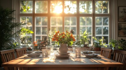 Sunlit Dining Room with Floral Centerpiece