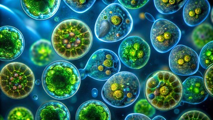 Microscopic view of phytoplankton cells under fluorescent light, illustrating the importance of oceanic microorganisms in the global carbon cycle and climate regulation research.