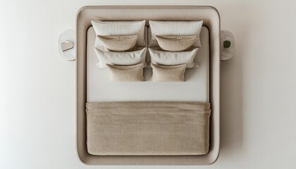 Minimalist Top View of Double Bed with White Headboard: Modern Bedroom Furniture for Comfortable Sleep. Elegant Home Decor Design for Newlyweds. Abstract Representation of Restful Sanctuary in Contemp