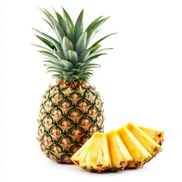 Ripe juicy fresh organic pineapple fruit with golden brown skin and green leaves close up photography for image  long title Ripe juicy fresh organic