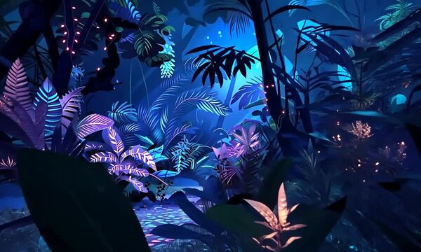 A dark, lush jungle with neon blue and pink lighting.