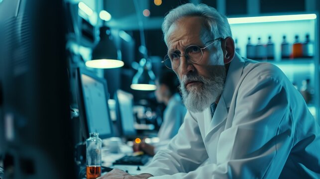 A focused scientist analyzing data on a computer in a high-tech laboratory filled with equipment during a late-night research session in a modern lab environment