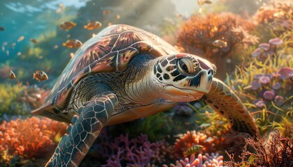 Fototapeta premium Green Sea Turtle Swimming Among Vibrant Coral Reefs in a Tropical Marine Ecosystem, A Stunning Example of Biodiversity and Underwater Beauty