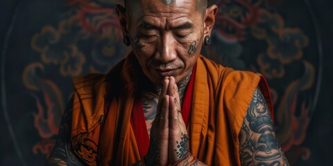 Fototapeta premium A Tibetan monk praying in traditional attire with intricate tattoos, captured in a serene moment against a richly colored backdrop at a monastery, highlighting devotion and tranquility