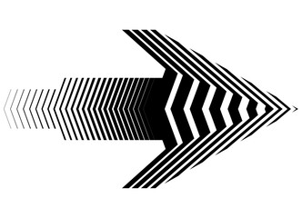 Vector striped black arrow on a white background. Modern speed striped pattern on white background. Vector background from lines. Pointer, navigation. Design element for games.