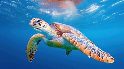 Fototapeta premium Loggerhead Turtle Underwater Exploration, A Vibrant Dive Into the Blue Ocean, Witness the Graceful Movement and Captivating Beauty of This Magnificent Sea Creature as It Navigates the Underwater World