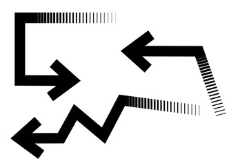 A set of black arrows from broken lines with a smooth transition. Pointer, navigation. Design element for games.