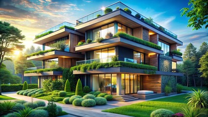 Fototapeta premium Modern 3D illustration of a futuristic residential building with sleek architecture, vibrant colors, and lush green surroundings, symbolizing luxury and sustainable living.