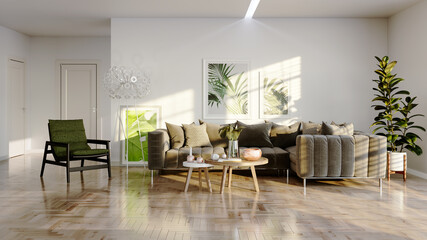 Fototapeta premium Large luxury modern bright interiors room mockup illustration living 3D rendering image