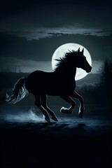 silhouette of a horse on black background with moon