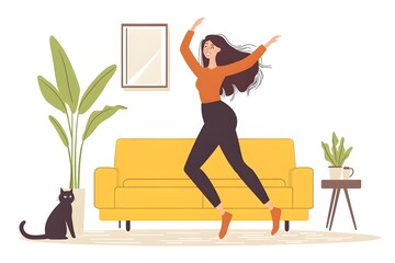 Woman dancing joyfully in the living room, cat watching with amusement, vibrant home atmosphere