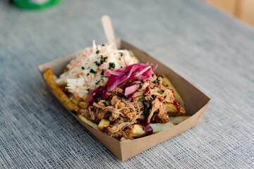 Pommes Frittes mit Coleslaw und Pulled Pork
