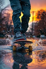 Skateboarder performs tricks in a puddle at sunset, 