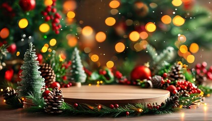 Magical Christmas product display: cozy podium nestled among twinkling trees, festive decorations, and snowy window views. Warm, enchanting holiday scene.