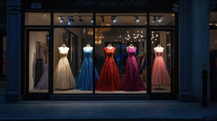 Naklejka premium Stylish Boutique at Night Featuring Elegant Evening Gowns