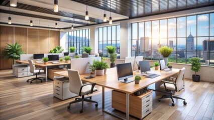Modern corporate office with sleek desks, laptops, and organized workstations, conveying efficiency, productivity, and professionalism in a fast-paced business service environment.