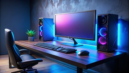 Modern gaming setup with high-performance computer, vibrant keyboard, and large curved monitor, situated on a sleek, black desk with a subtle LED backlight.