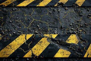 Cracked asphalt surface with yellow warning stripes located on an industrial site, highlighting wear and tear over time under natural light