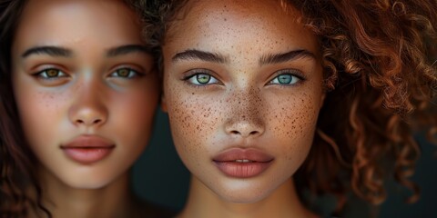 Two young women display their captivating beauty with expressive eyes and natural freckles, posing closely together against a dark background during a soft light moment