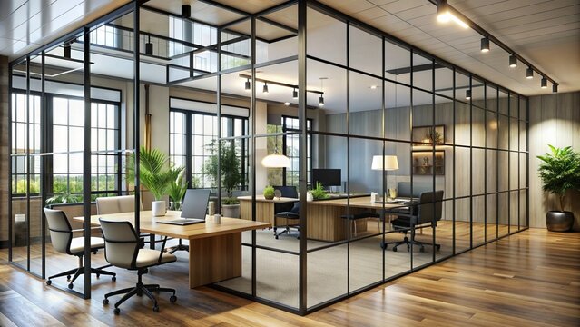 Modern glass partitions with metallic frames separate stylish office spaces, creating private work areas while maintaining an open and airy atmosphere with natural light.