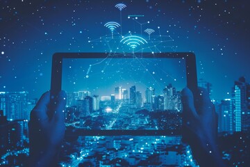 Hands hold a tablet displaying network signals and city lights against a dark, starry background