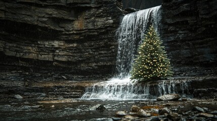 Christmas Tree by a Waterfall