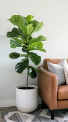  a large fiddle leaf fig in a sleek white pot, set beside a minimalist leather sofa and a geometric rug. modern decor aesthetic 