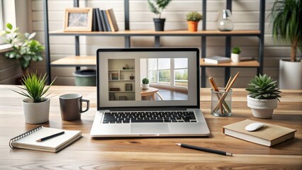 Fototapeta premium Modern laptop on a wooden desk showing a website's homepage with a clean and minimalistic design, surrounded by notebooks and office supplies.