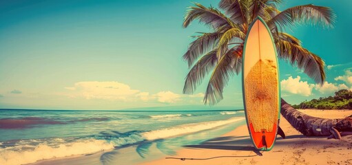 Surfboard Leaning Against Palm Tree On A Beach