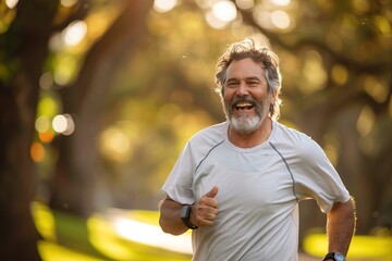 Happy older man jogging in a sunlit park with a big smile